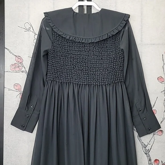 GANNI Ruffled-Collar Smocked Chiffon Dress Size 32 Or Size 0 - Picture 13 of 16